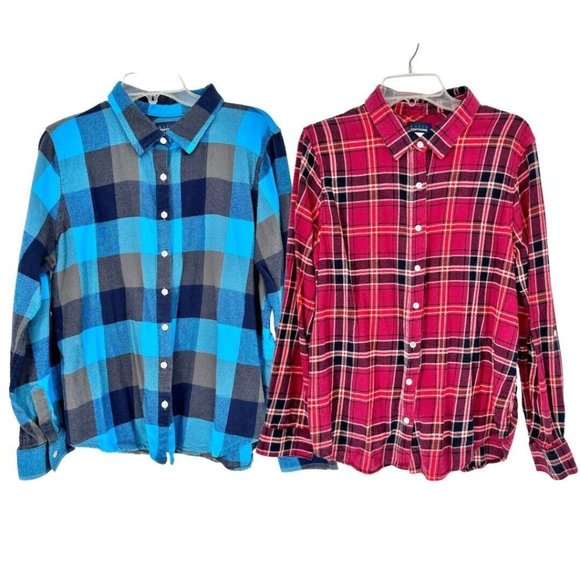 Basic Editions Set of 2 Flannel Shirts Men's XL Red and Blue Button Front LS - Picture 1 of 11